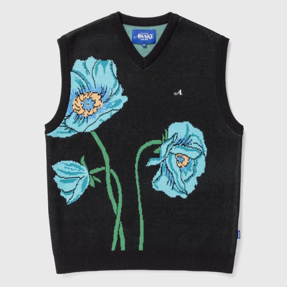 Awake NY Black and Blue V-Neck Sweater with Artistic Floral Design